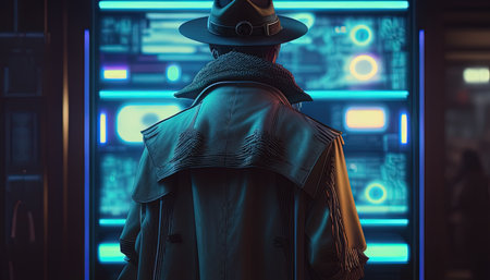 mysterious cassette futurism detective digital art illustration, Generative AIの素材