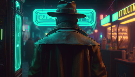 mysterious cassette futurism detective digital art illustration, Generative AIの素材