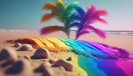 beach where the sand is made of glitter rainbow digital art illustration, Generative AIの素材