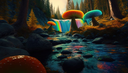 forest of giant mushrooms digital art illustration, Generative AIの素材
