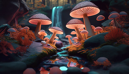 forest of giant mushrooms digital art illustration, Generative AIの素材