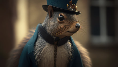 Colonial squirrels are social rodents that build complex, multi-chambered nests in trees and communicate with various vocalizations. digital art illustration, Generative AIの素材