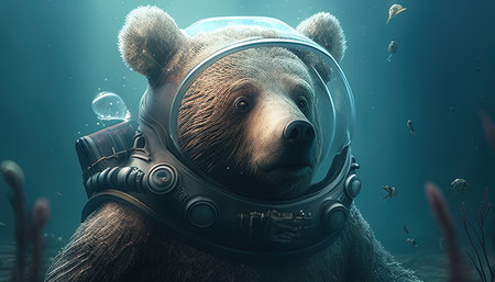The underwater bear diver is a skilled and powerful swimmer, navigating the depths with ease and fearlessness. digital art illustration, Generative AIの素材