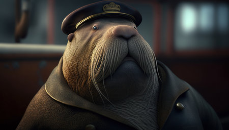 the charismatic walrus captain digital art illustration, Generative AIの素材