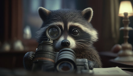 the observant raccoon detective digital art illustration, Generative AIの素材