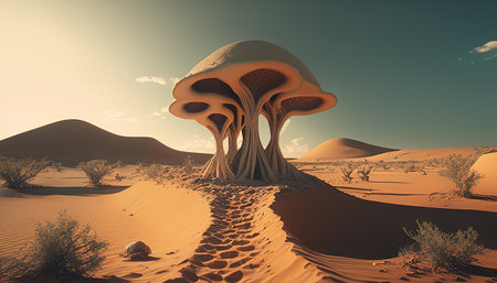 desert with giant mushrooms digital art illustration, Generative AIの素材