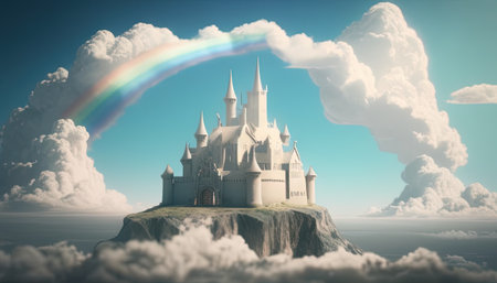 castle floating on a cloud digital art illustration, Generative AIの素材