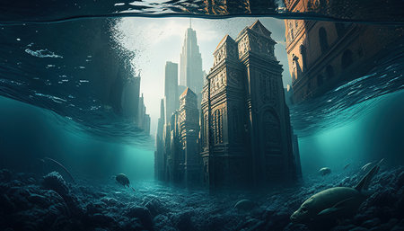 flooded city apocalypse digital art illustration, Generative AIの素材