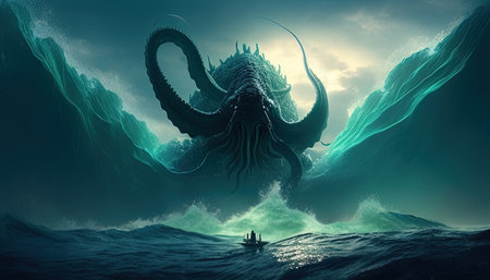 Cthulhu rising apocalypse digital art illustration, Generative AIの素材