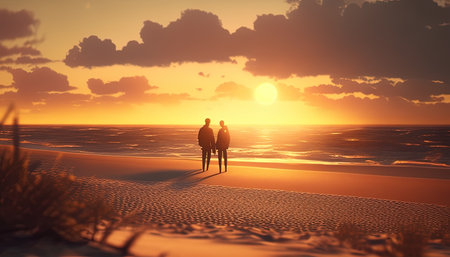 couple beach sunset digital art illustration, Generative AIの素材
