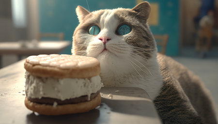 cat with an ice cream sandwich digital art illustration, Generative AIの素材