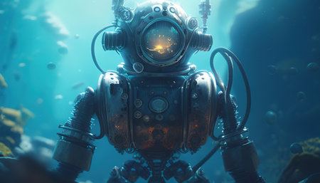 underwater humanoid robot digital art illustration, Generative AIの素材