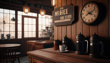 coffee shop with wooden interior digital art illustration, Generative AIの素材