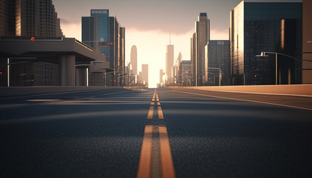 empty road toward city digital art illustration, Generative AIの素材