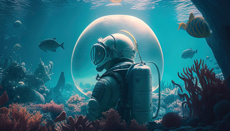 astronaut on aquatic planet digital art illustration, Generative AIの素材