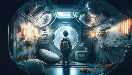 astronaut on spaceship room digital art illustration, Generative AIの素材