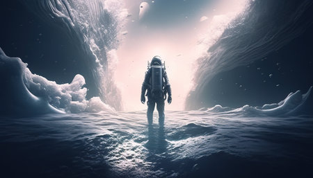 astronaut standing in the strange sea digital art illustration, Generative AIの素材