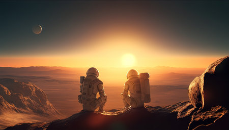 astronauts and friend sitting on the cliff digital art illustration, Generative AIの素材