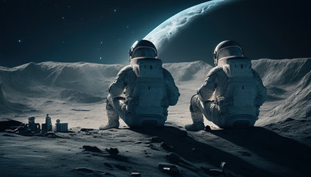astronauts and friend sitting on the surface of the moon digital art illustration, Generative AIの素材