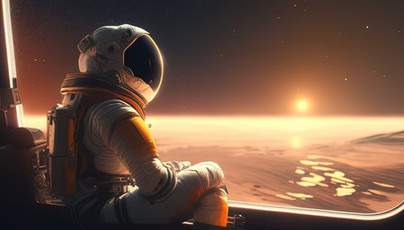 relaxing astronaut on space digital art illustration, Generative AIの素材