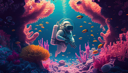 astronaut coral reef exploration digital art illustration, Generative AIの素材