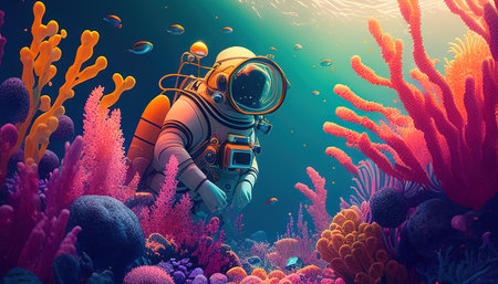 astronaut coral reef exploration digital art illustration, Generative AIの素材