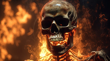 A terrifying skeletal figure wreathed in flames. digital art illustration, Generative AIの素材
