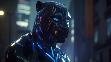 A panther with advanced cybernetic enhancements, digital art illustration, Generative AIの素材