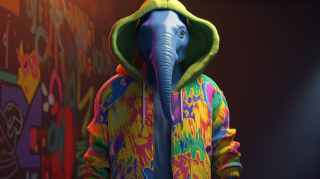 elephant wearing brightly colored hoodie, digital art illustration, Generative AIの素材