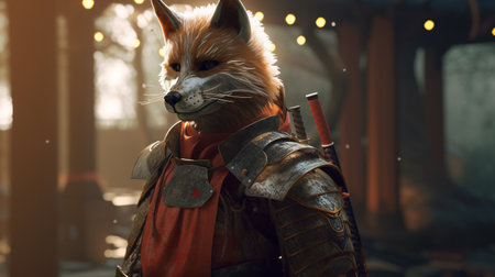 a fierce fox warrior, digital art illustration, Generative AIの素材