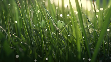 glistening dewdrops adorn fresh spring grass, digital art illustration, Generative AIの素材