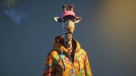 giraffe wearing hoodie, digital art illustration, Generative AIの素材