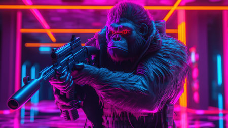 gorilla neonpunk soldier, digital art illustration, Generative AIの素材