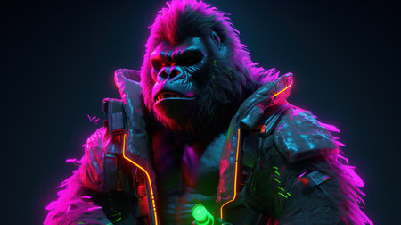 gorilla neonpunk soldier, digital art illustration, Generative AIの素材