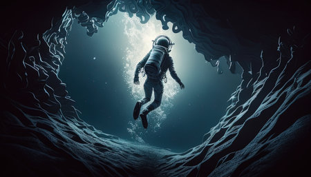 astronaut diving into a deep abyss, digital art illustration, Generative AIの素材