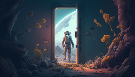 astronaut discovering new world, digital art illustration, Generative AIの素材