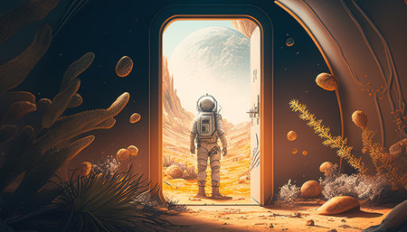 astronaut discovering new world, digital art illustration, Generative AIの素材
