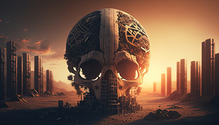 dystopian skull planet, digital art illustration, Generative AIの素材