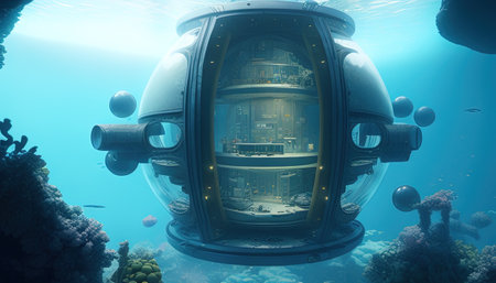 floating underwater base, digital art illustration, Generative AIの素材