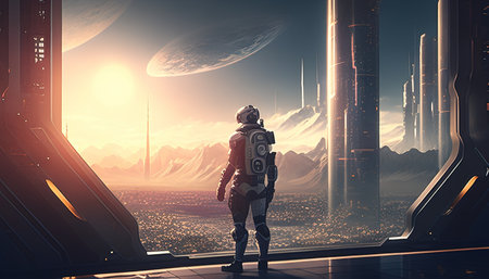 astronaut futuristic cities, digital art illustration, Generative AIの素材