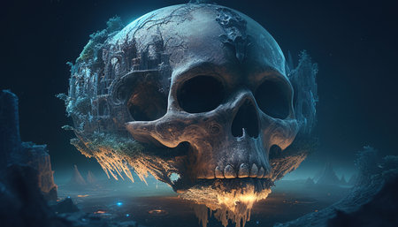 mythical skull planet, digital art illustration, Generative AIの素材