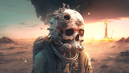 skull astronaut post apocalyptic, digital art illustration, Generative AIの素材