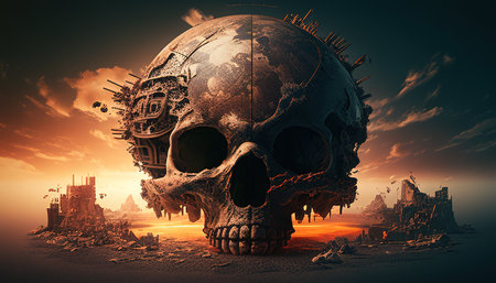 skull post apocalypse planet, digital art illustration, Generative AIの素材