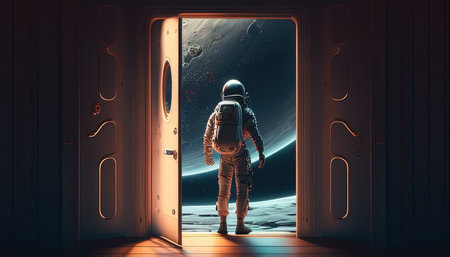 astronaut with door, digital art illustration, Generative AIの素材