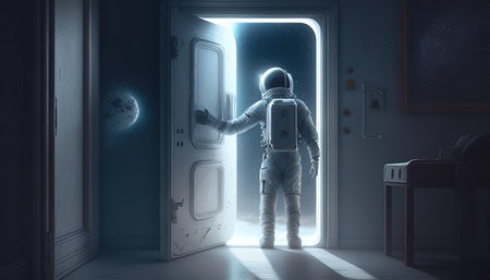 astronaut with door, digital art illustration, Generative AIの素材