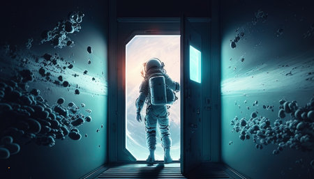 astronaut with door, digital art illustration, Generative AIの素材