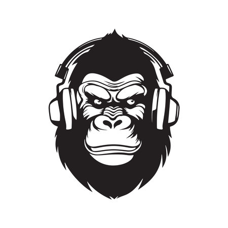 gorilla headphones mascot logo ,hand drawn illustration. Suitable For Logo, Wallpaper, Banner, Background, Card, Book Illustration, T-Shirt Design, Sticker, Cover, etcのイラスト素材