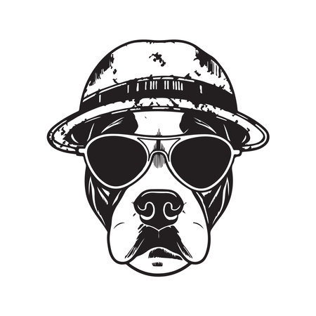 dog american staffordshire terrier in sunglasses and hat, vector concept digital art ,hand drawn illustrationのイラスト素材