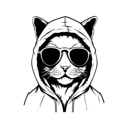 cool cat wearing eyeglasses and hoodie, vector concept digital art, hand drawn illustrationのイラスト素材