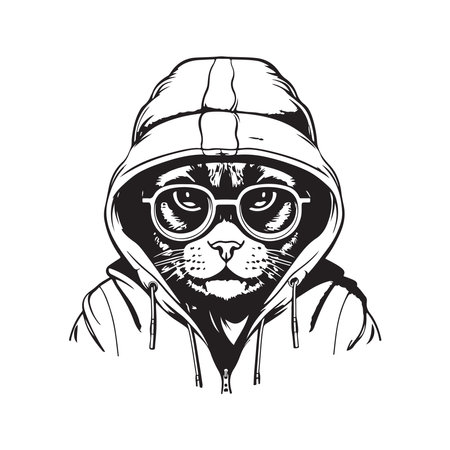 cool cat wearing eyeglasses and hoodie, vector concept digital art, hand drawn illustrationのイラスト素材